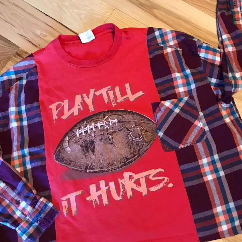 Upcycled Flannel Shirt, Oversized Football Graphic T-Shirt Pullover, Sz M - L - Picture 11 of 11